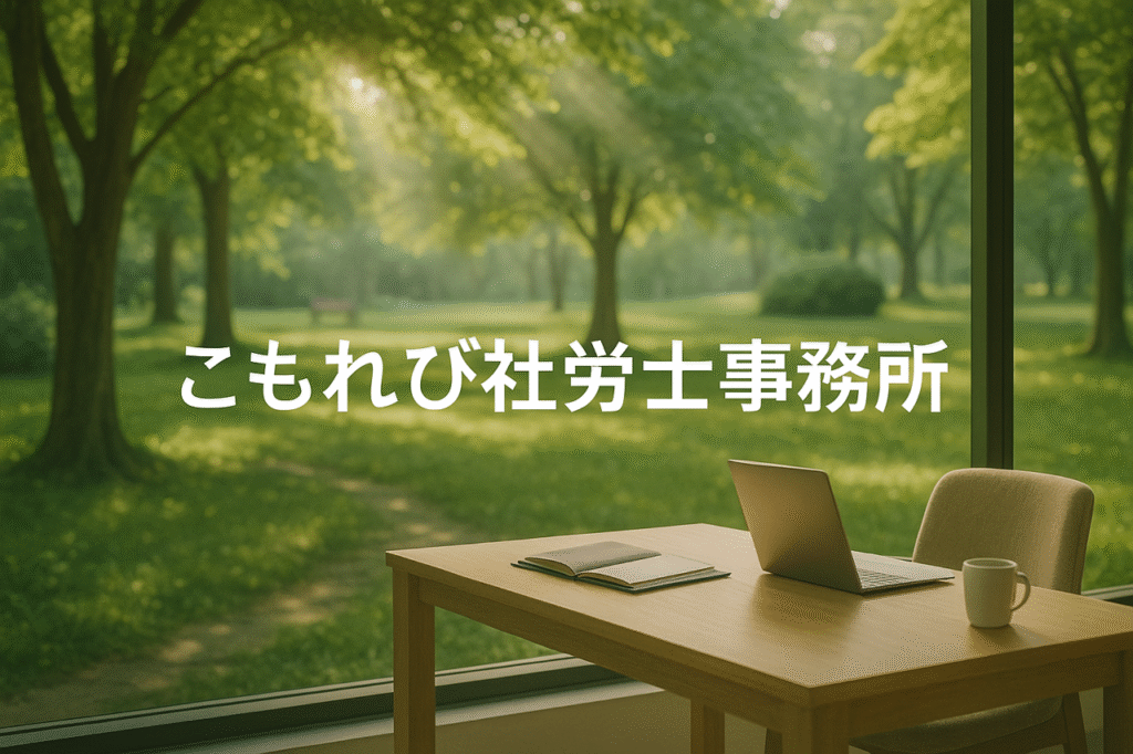 緑の芝生を背景に「こもれび社労士事務所」の文字が配置された画像。安心感と親しみやすさを表現。
