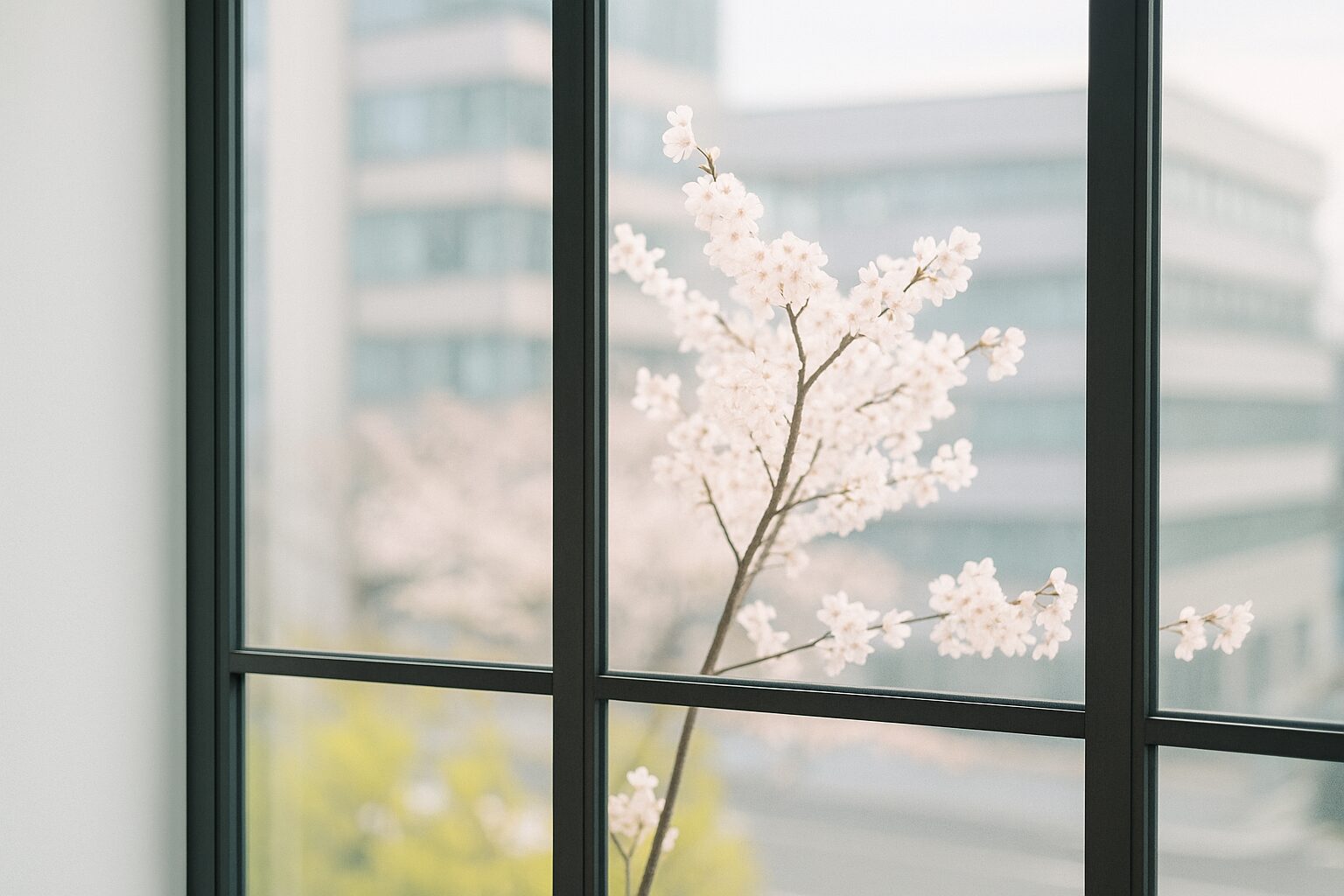 窓越しに見える柔らかな桜の枝。明るい新潟のオフィス風景