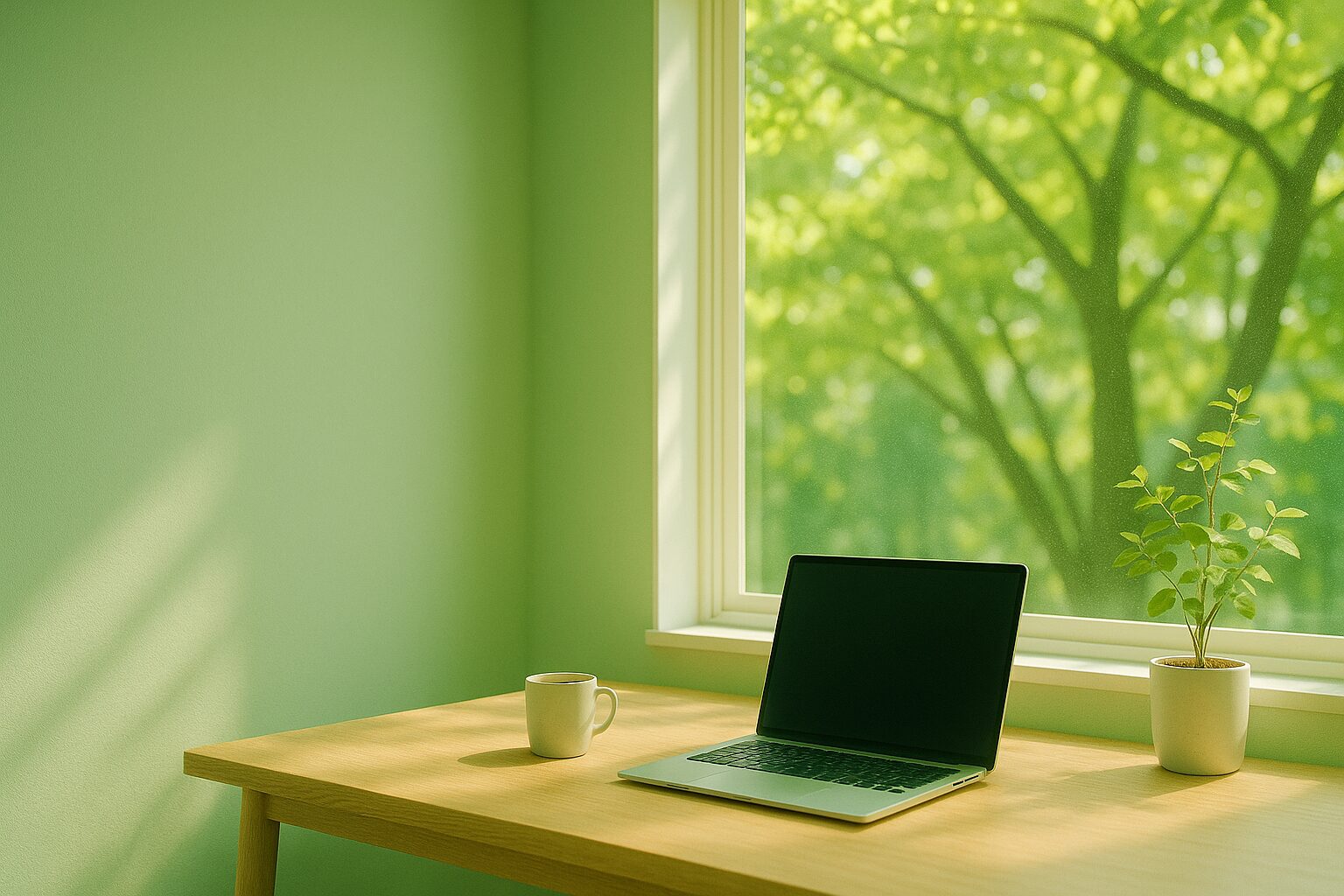 窓辺のデスクとノートPC。新緑がさす明るいワークスペース