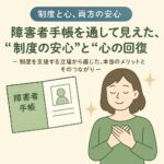 柔らかな木漏れ日の差す森の中、木のテーブルにノートとペンが置かれている。穏やかで優しい光に包まれ、「障害者手帳を通して見えた“制度の安心”と“心の回復”」というメッセージを感じさせるイメージ。