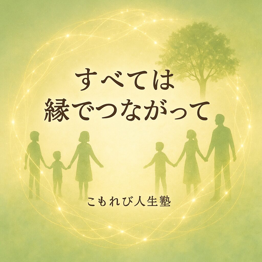 すべての存在が光の糸でつながっているイメージ。人と自然が調和し、『努力ではなく縁で生かされている』というテーマを象徴したビジュアル。