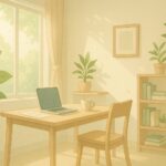 木漏れ日の入る明るいワークスペースのデスクと観葉植物のイラスト|社保・労保手続きの安心感を伝えるイメージ