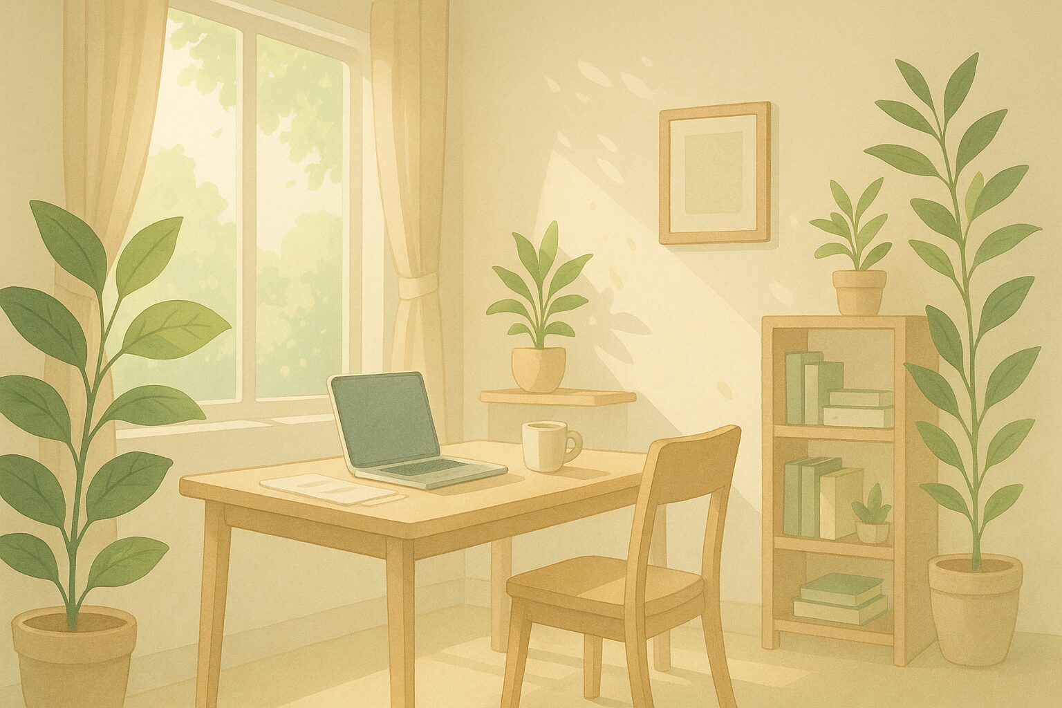 木漏れ日のデスク、社保労保手続きの安心感を伝えるイメージ