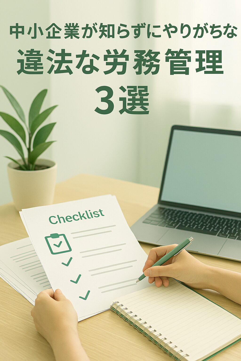 中小企業が見落としがちな違法な労務管理3選のチェックリストとノートパソコンの写真｜こもれび社労士事務所