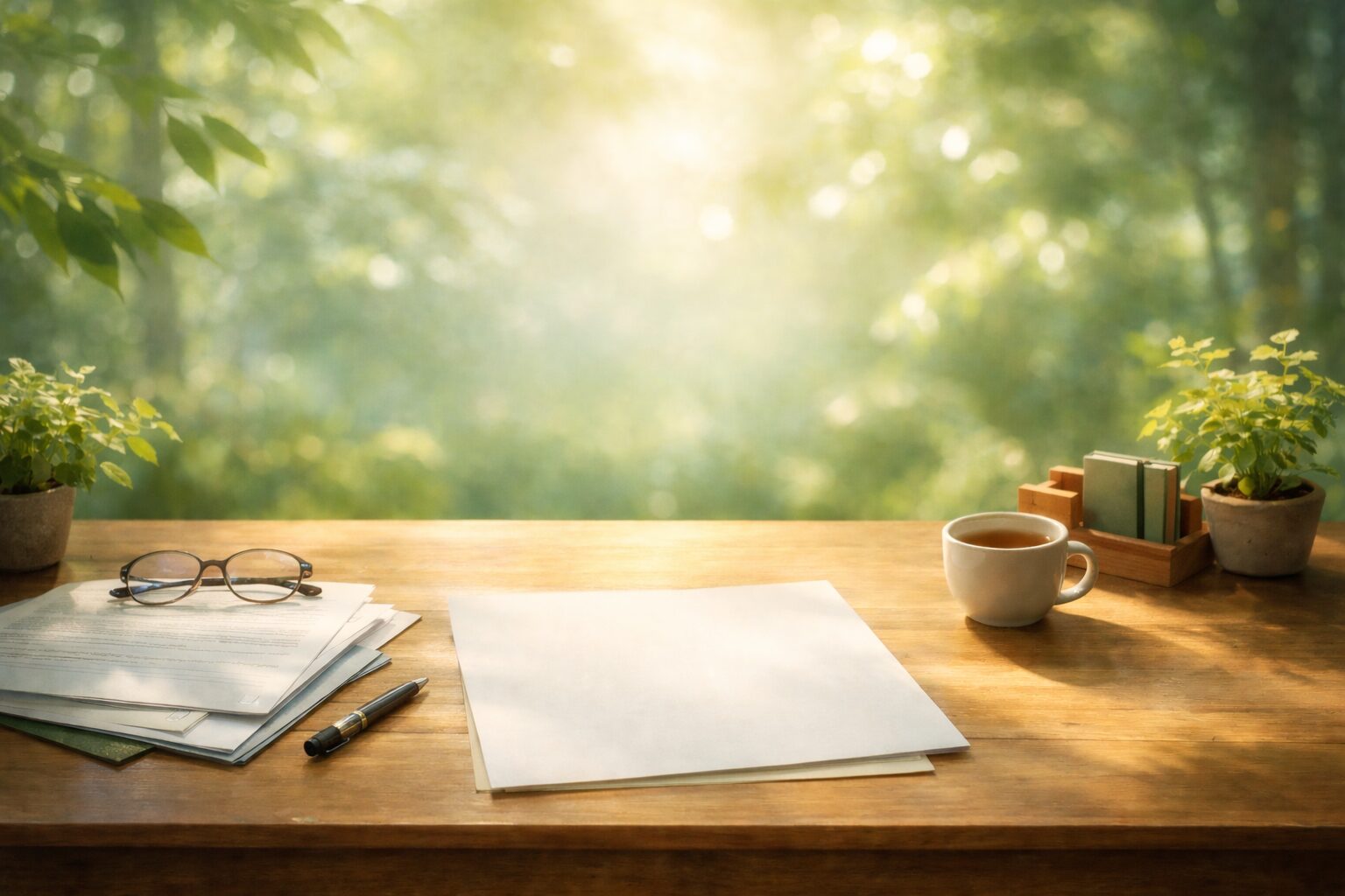 木漏れ日の入る机の上に、書類とペンとコーヒーが置かれている写真