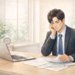 人事や労務対応について検討している企業担当者が、書類とパソコンを前に業務を整理しているイラスト