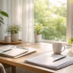 自然光が差し込む窓辺のデスクとノート、植物のある静かな作業空間