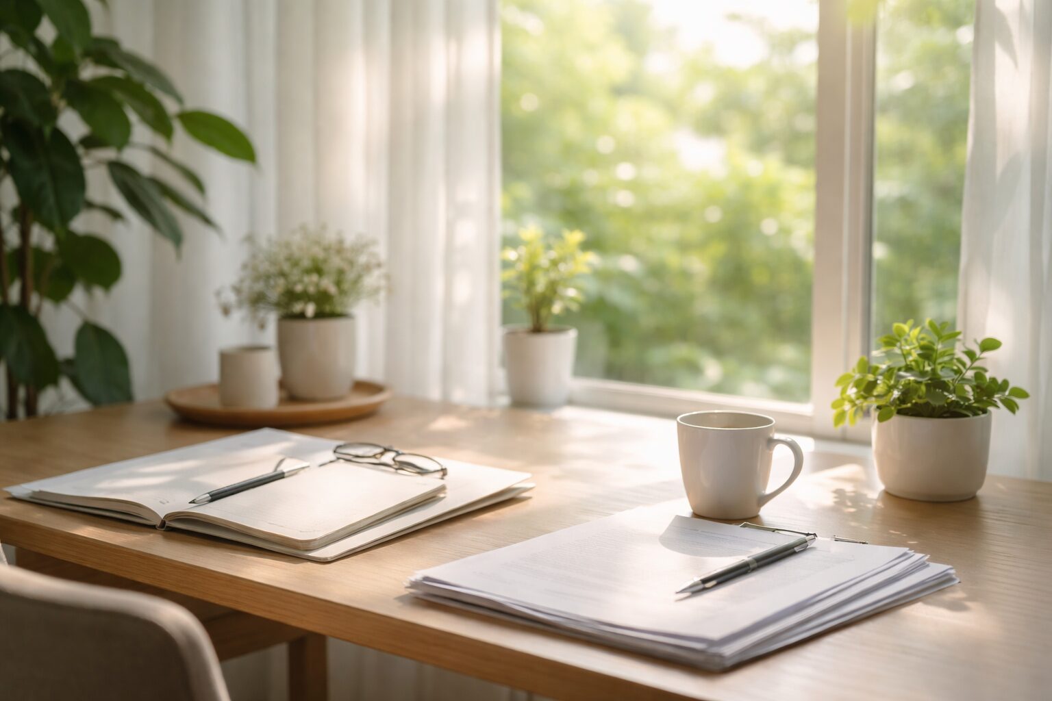 自然光が差し込む窓辺のデスクとノート、植物のある静かな作業空間