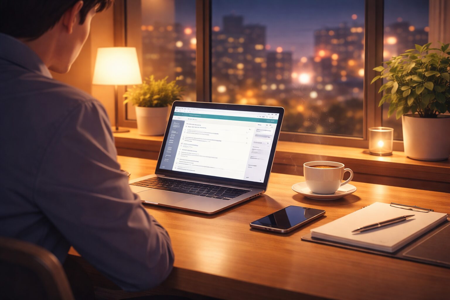 夕方の静かな時間帯に、落ち着いた環境で相談内容を整理しているデスクの風景