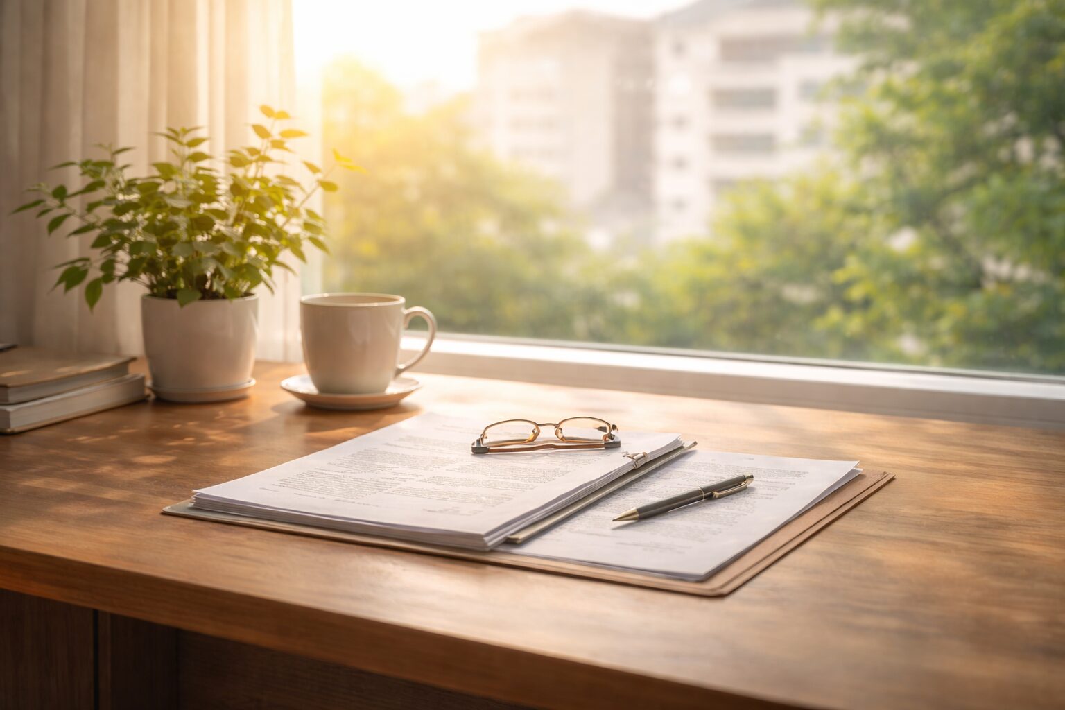 自然光が差し込む静かな作業空間で、相談内容を丁寧に整理するためのデスク風景
