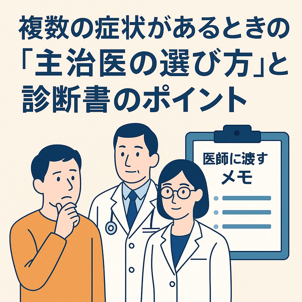 複数の症状がある場合の主治医の選び方と診断書作成ポイントを説明するイラスト。
