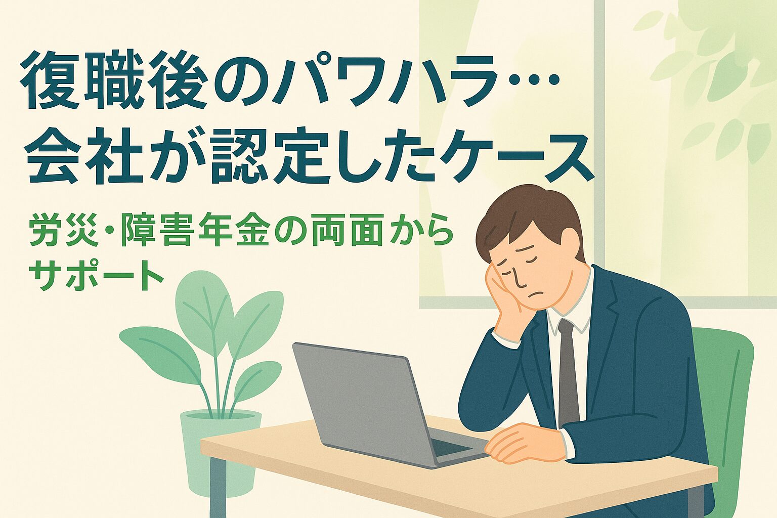 復職後のパワハラが原因で心身の不調に悩むビジネスパーソンを描いたイメージ。労災や障害年金の相談を案内する記事のアイキャッチ画像。