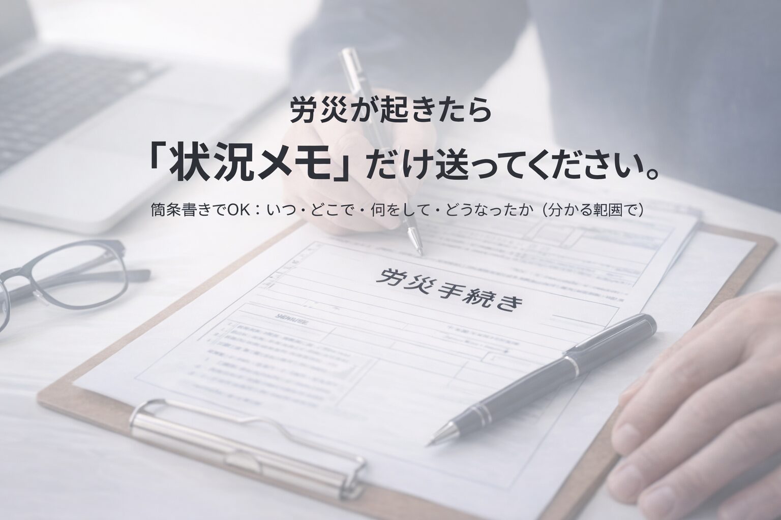労災が起きたら、まずは状況メモを送る|企業向け労災手続きサポート 企業向け労災手続きの初動サポート|状況メモを送るだけで進められる社労士サポート