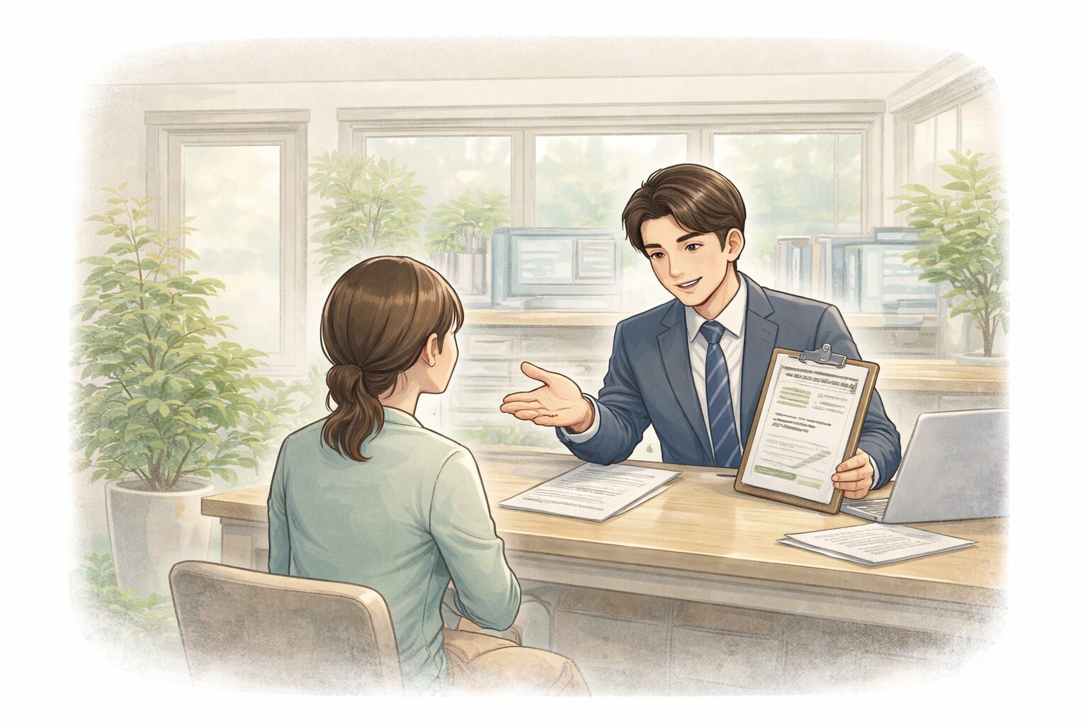 料金について丁寧に説明を受けながら、安心して相談している様子のイラスト