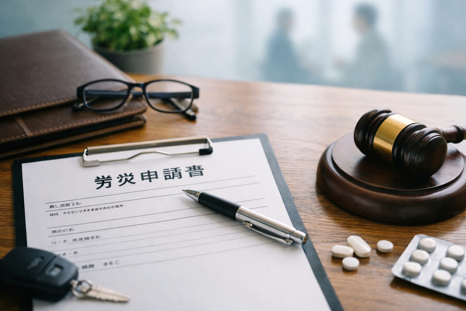 労災申請書とペンが置かれた机の写真。社労士が関与することで、労災認定が判断されやすくなる仕組みを表現したイメージ。