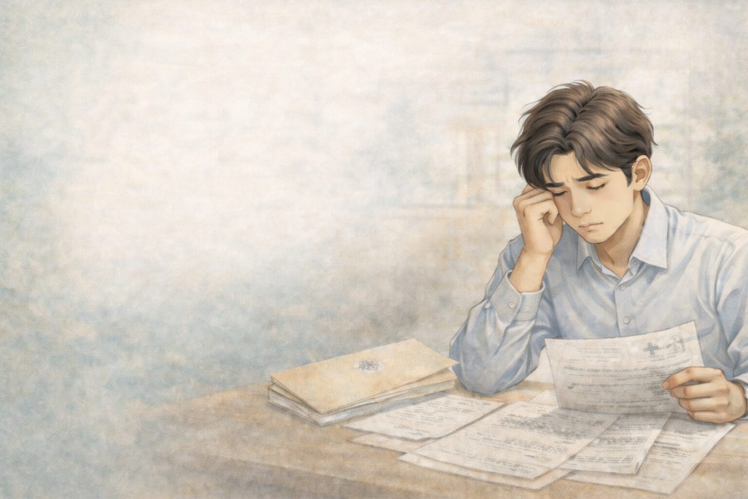 障害年金を申請してよいか分からず、書類を前に一人で悩んでいる男性のイラスト