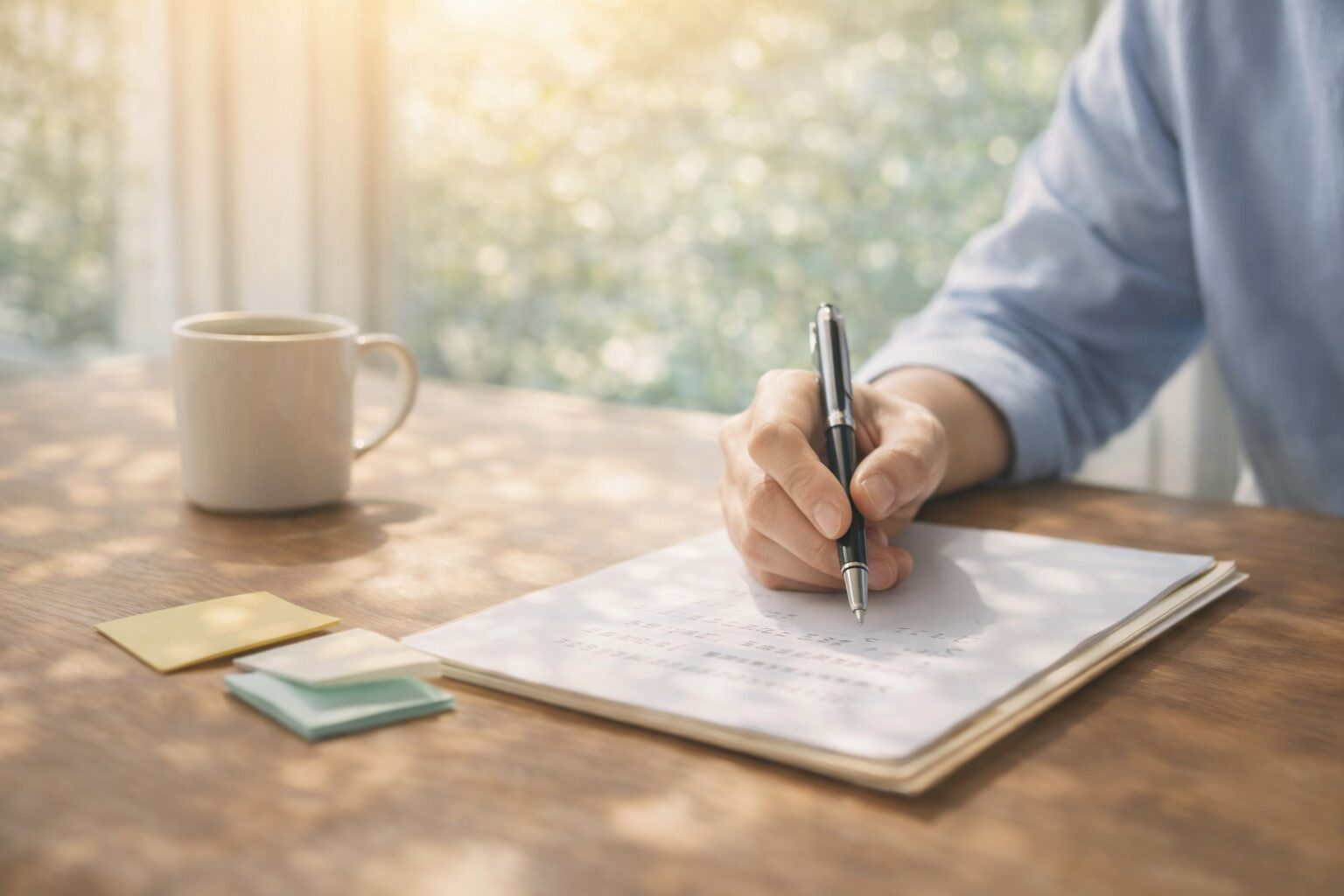 自然光の入る空間で、気持ちを整理しながら書類に向き合っているイメージ