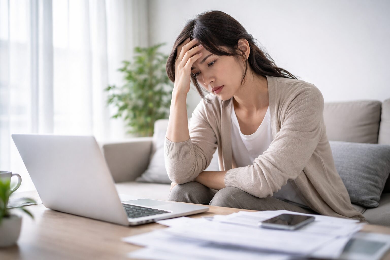 体調不良で会社とのやり取りがつらく、メンタル・パワハラ労災の本人請求に不安を感じている方のイメージ