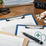 心理的負荷評価表や労災申請書類を机の上で整理している様子。メンタル労災で不認定になりやすい書類評価のイメージ