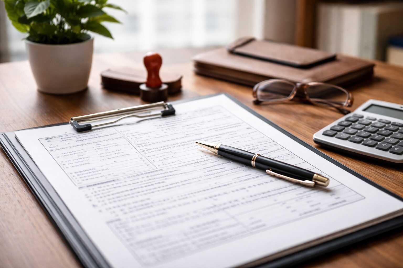 自然光の入るデスクで、労災相談の書類整理をイメージしたペンと資料