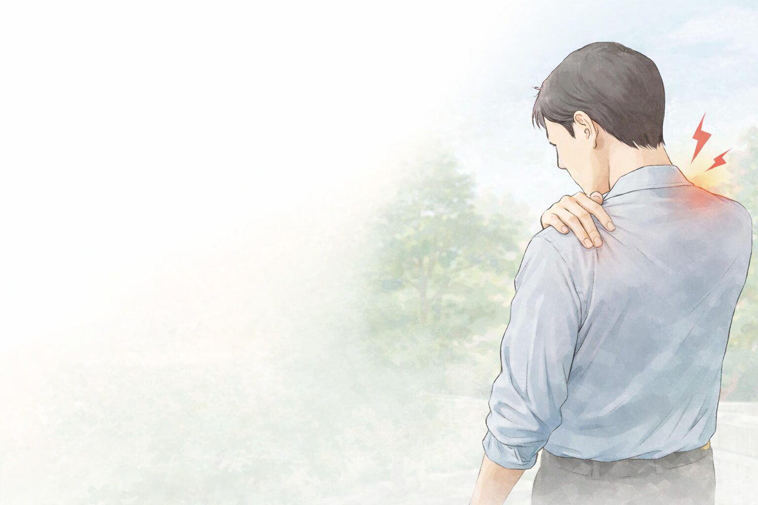 治療は終わったが肩の痛みが残り、後遺障害について悩む人物の後ろ姿のイラスト
