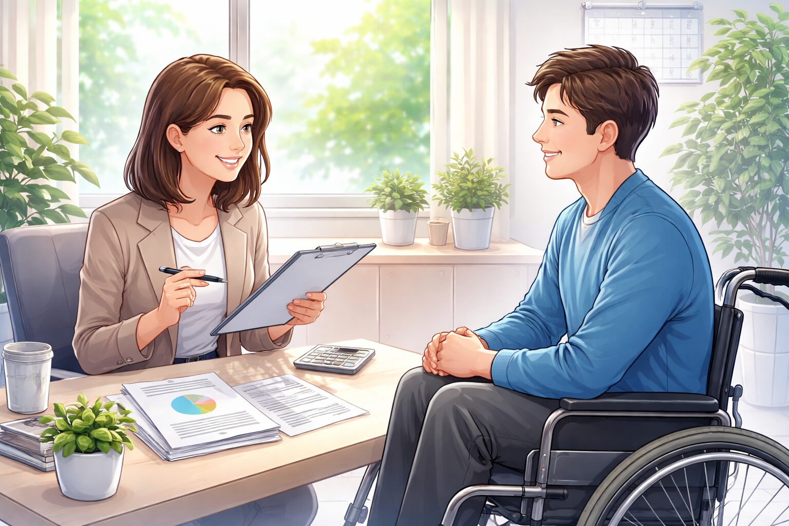 労災の後遺障害（障害補償給付）について、社労士が相談者の話を丁寧に聞いて状況を整理しているイメージ