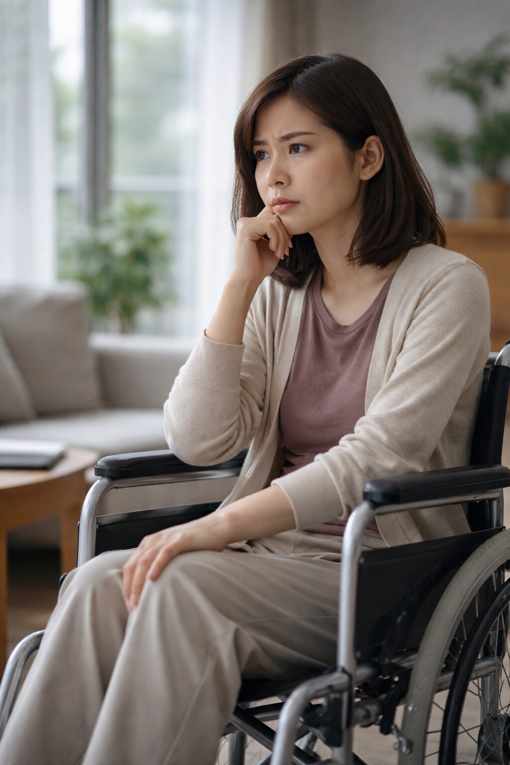 後遺障害に悩み、今後の生活や手続きに不安を感じている女性のイメージ