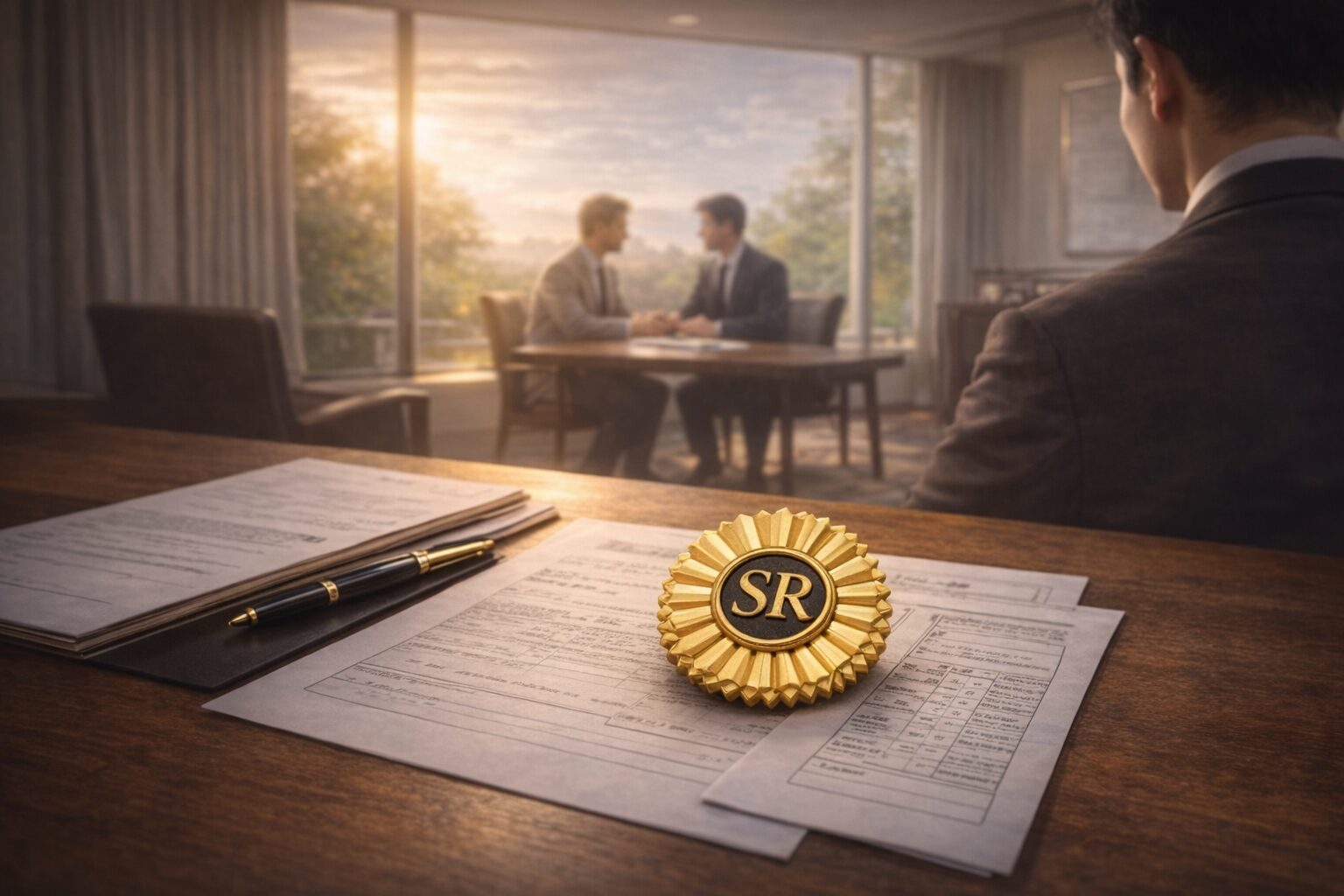 労災の後遺障害等級の評価をイメージした書類と社労士バッジ(症状があっても評価されない問題を表すイメージ)