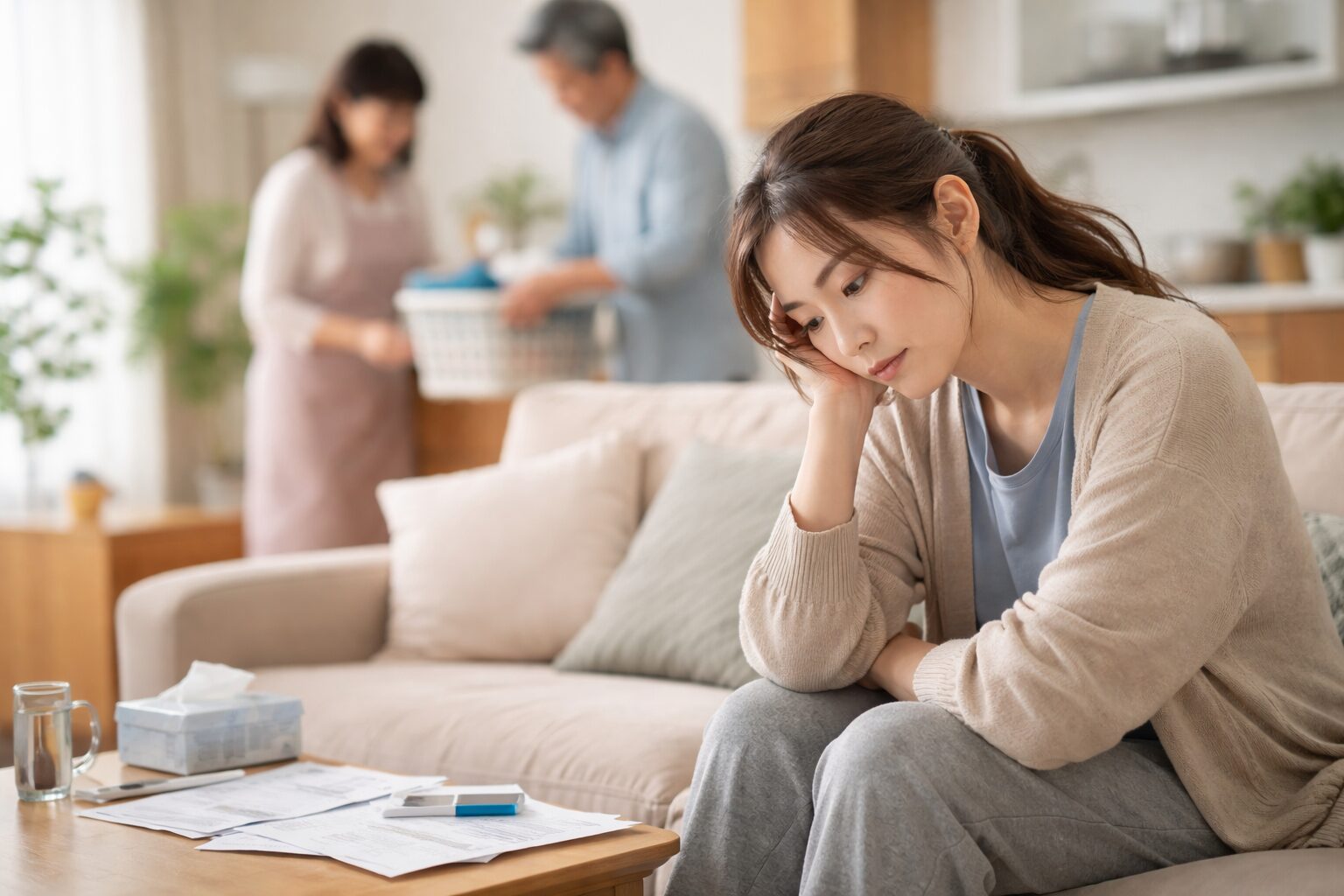 休職中に実家で療養し、家族の生活支援を受けながら労災を検討する様子