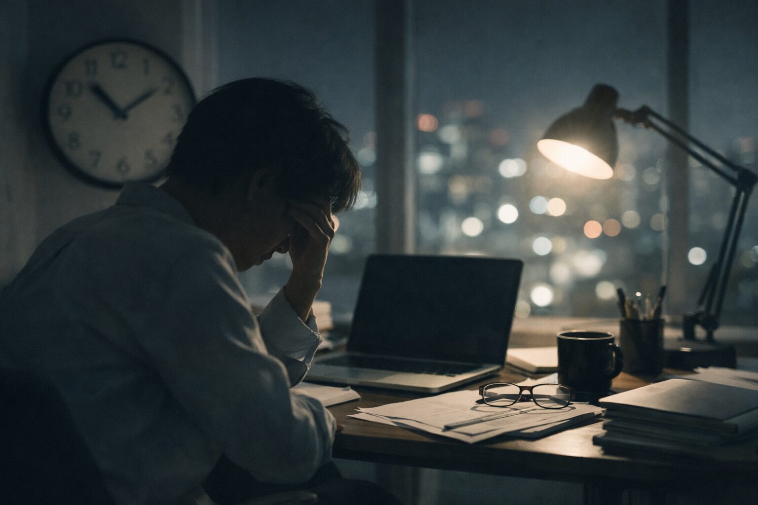 夜遅くまで一人で働くデスクワークの様子（長時間労働による心理的負荷のイメージ）