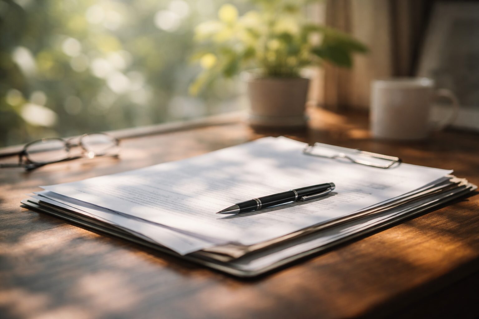 自然光が差し込む机の上に、書類とペンが置かれている。労災の相談内容を静かに整理するイメージ