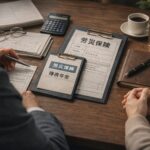 労災保険や障害年金の書類を前に、社労士が給付の設計について相談者と整理している様子