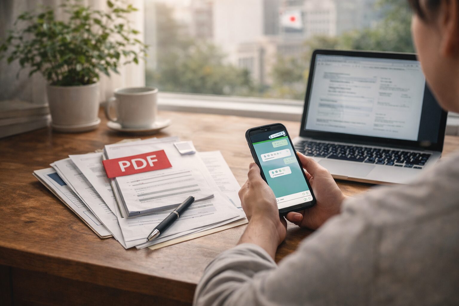 LINEとPDFを使って、自宅で労災や障害年金の申請準備を進めている様子