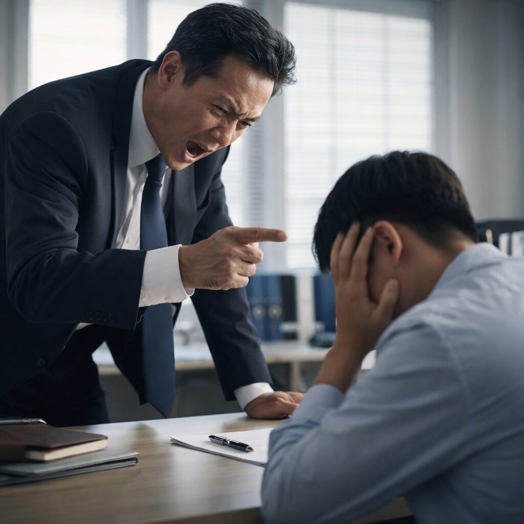上司の暴言やパワハラで精神的に追い詰められる職場のイメージ