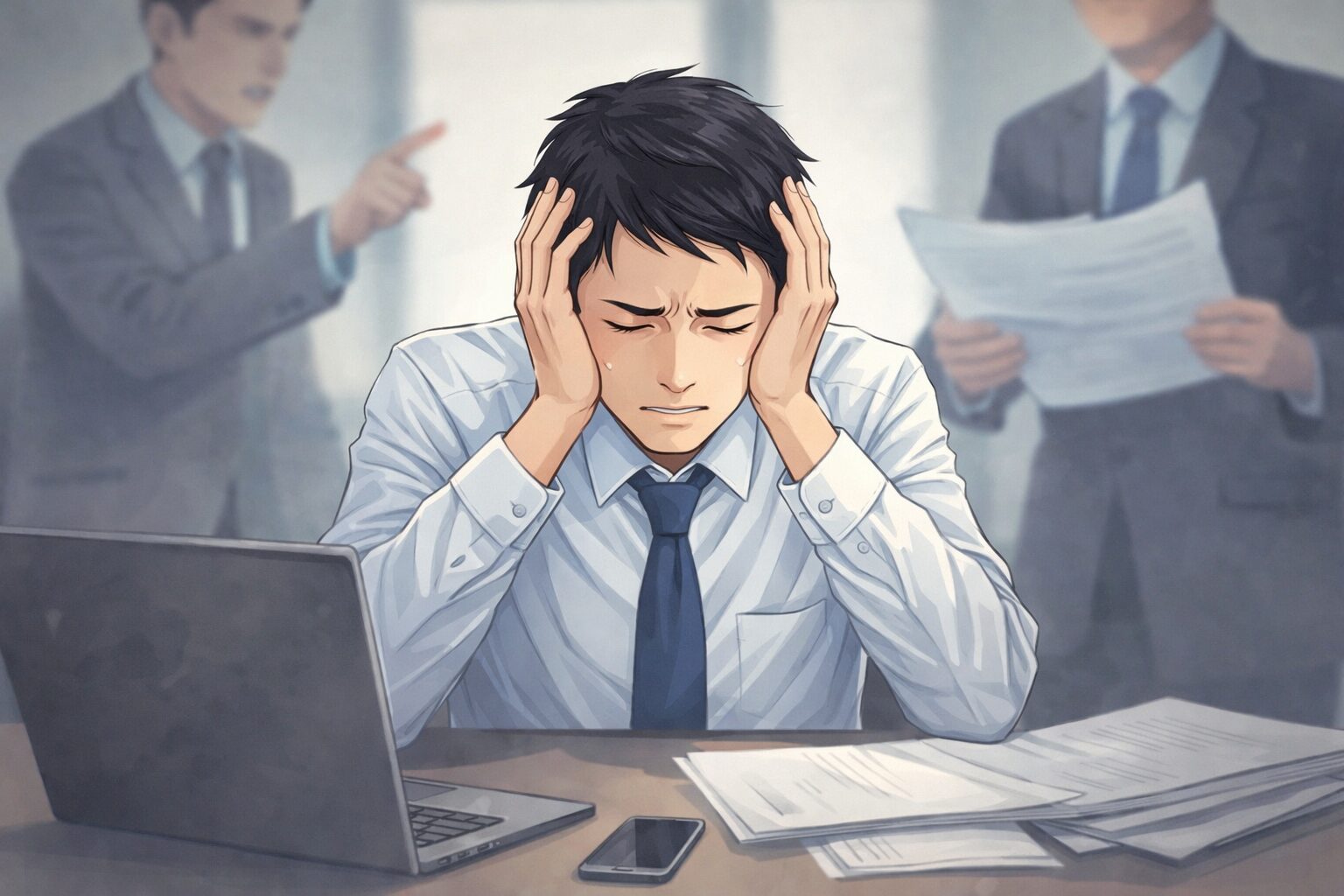 会社や労基署と話したくないと悩む人のイメージ(労災申請のストレス)