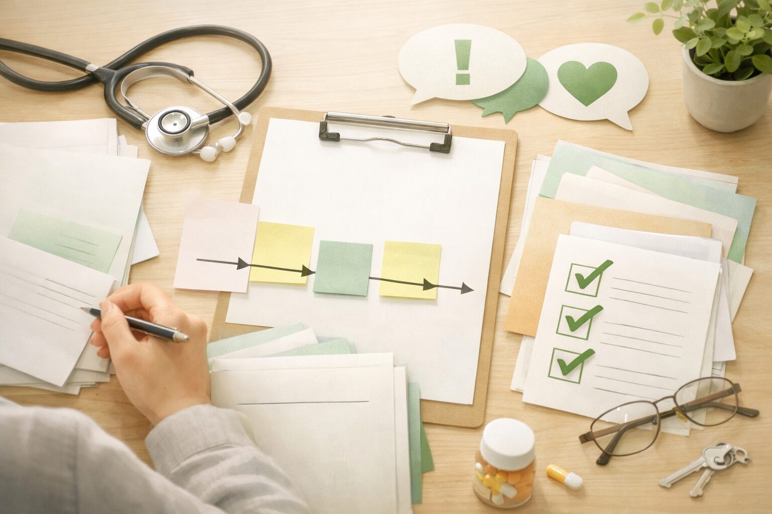 メンタル不調の労災判断ポイントをイメージした書類整理の画像