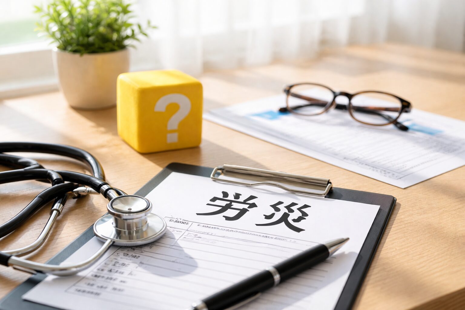 労災の医師証明や診断書の手続きで悩む状況をイメージしたデスクと医療書類