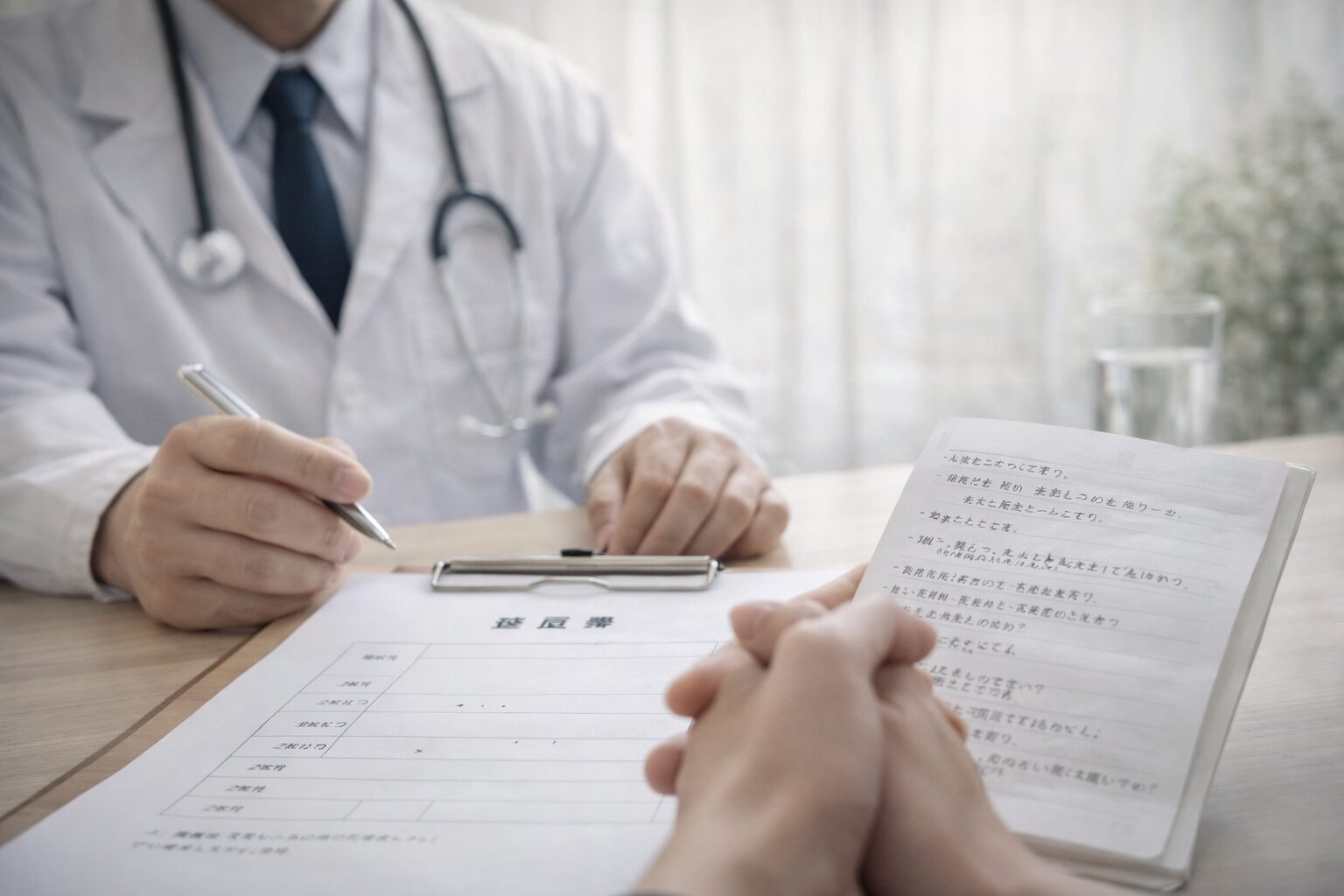 労災の診断書について医師に説明するためにメモを見ながら相談している様子