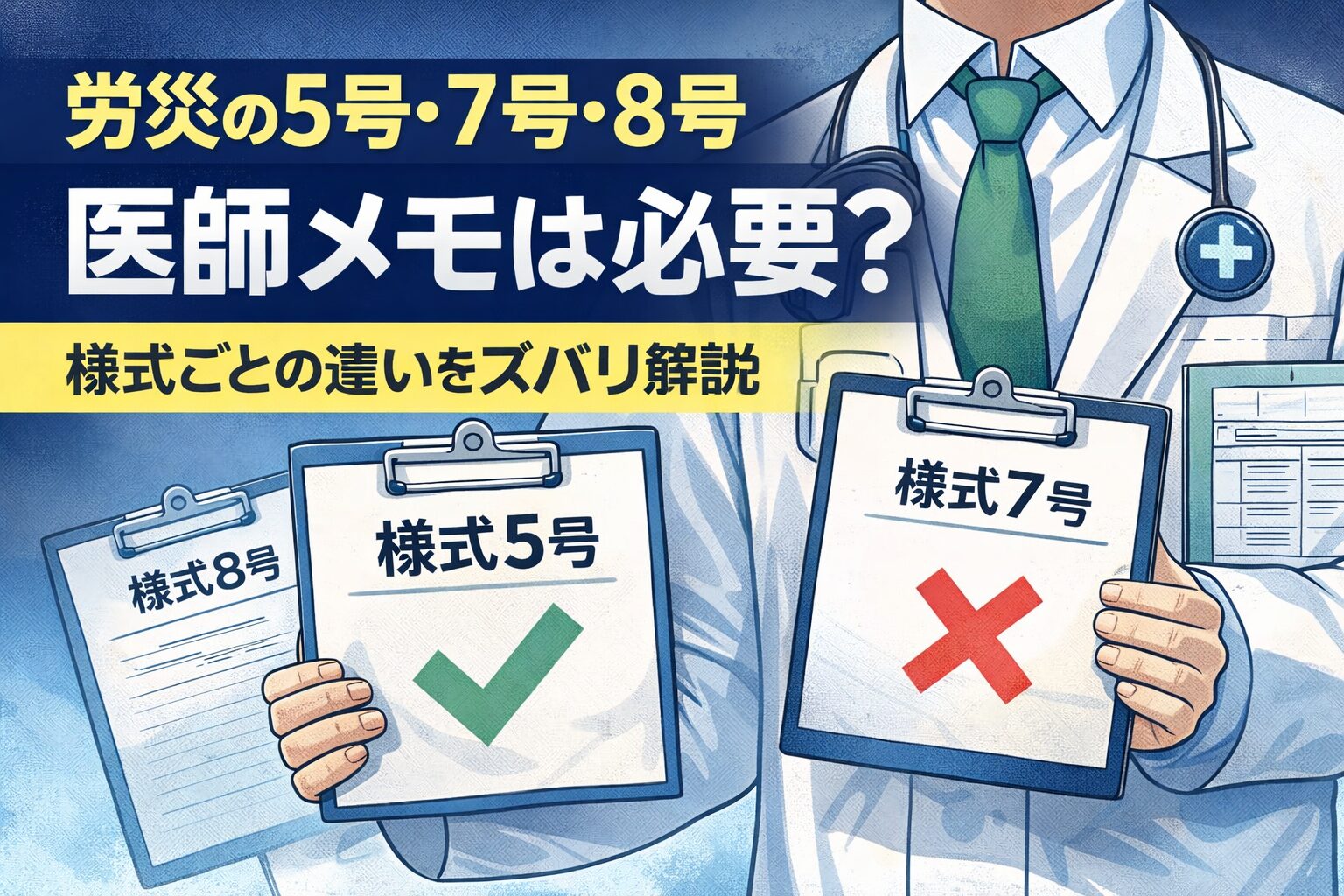 労災申請における様式5号・7号・8号の違いと医師メモの必要性を解説したイメージ