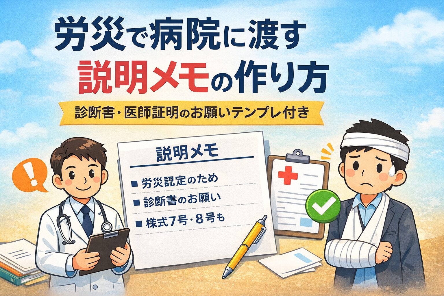労災で病院に渡す説明メモの作り方と診断書・医師証明の依頼方法を解説したイメージ