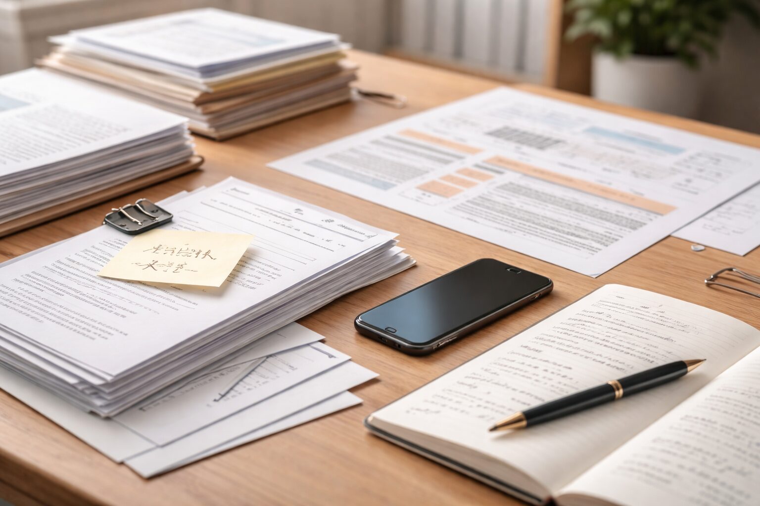 労災申請のために書類を整理しているデスクの様子