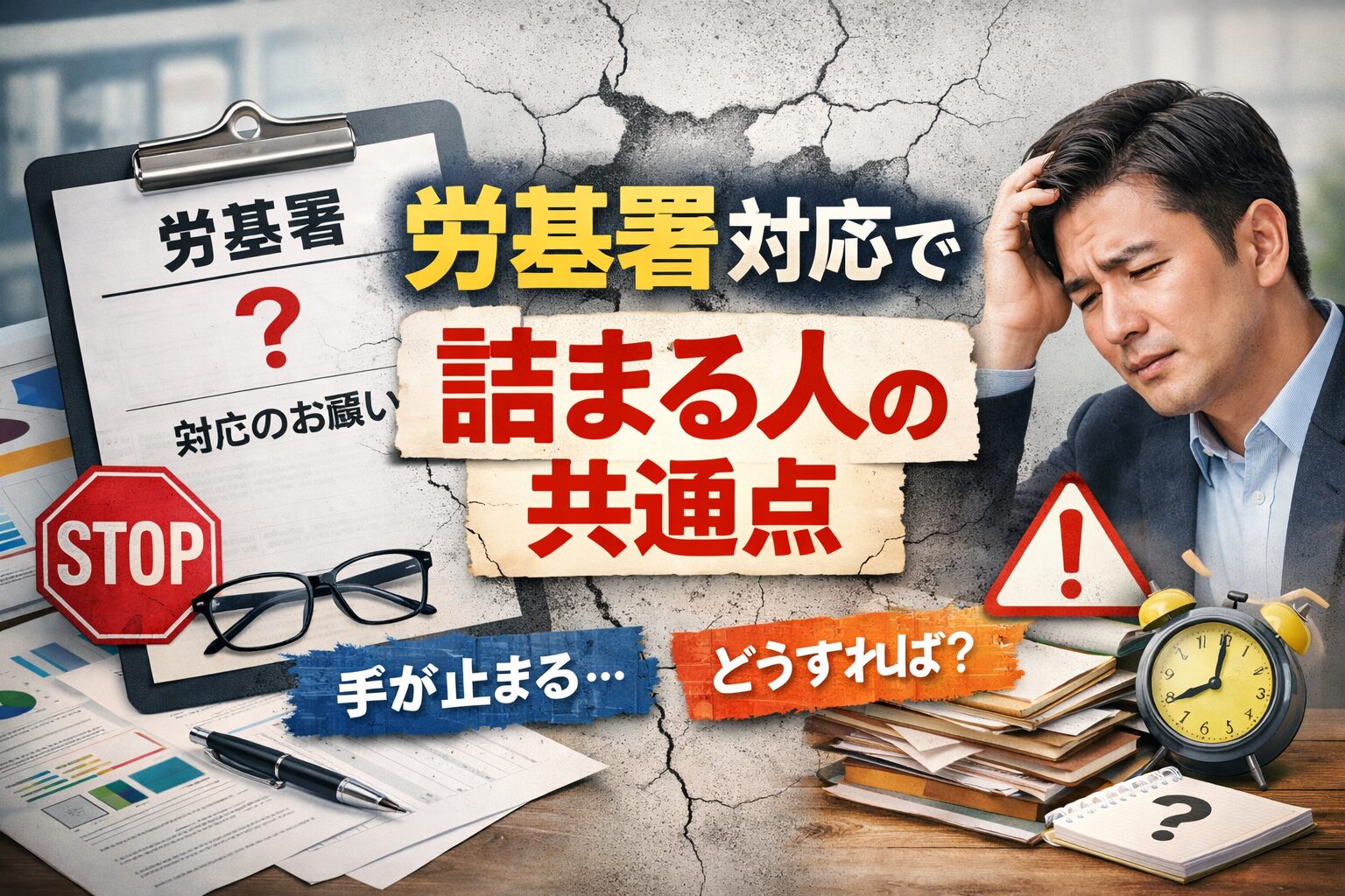 労基署対応で止まってしまう人の共通点をイメージした画像（労災申請の悩み）