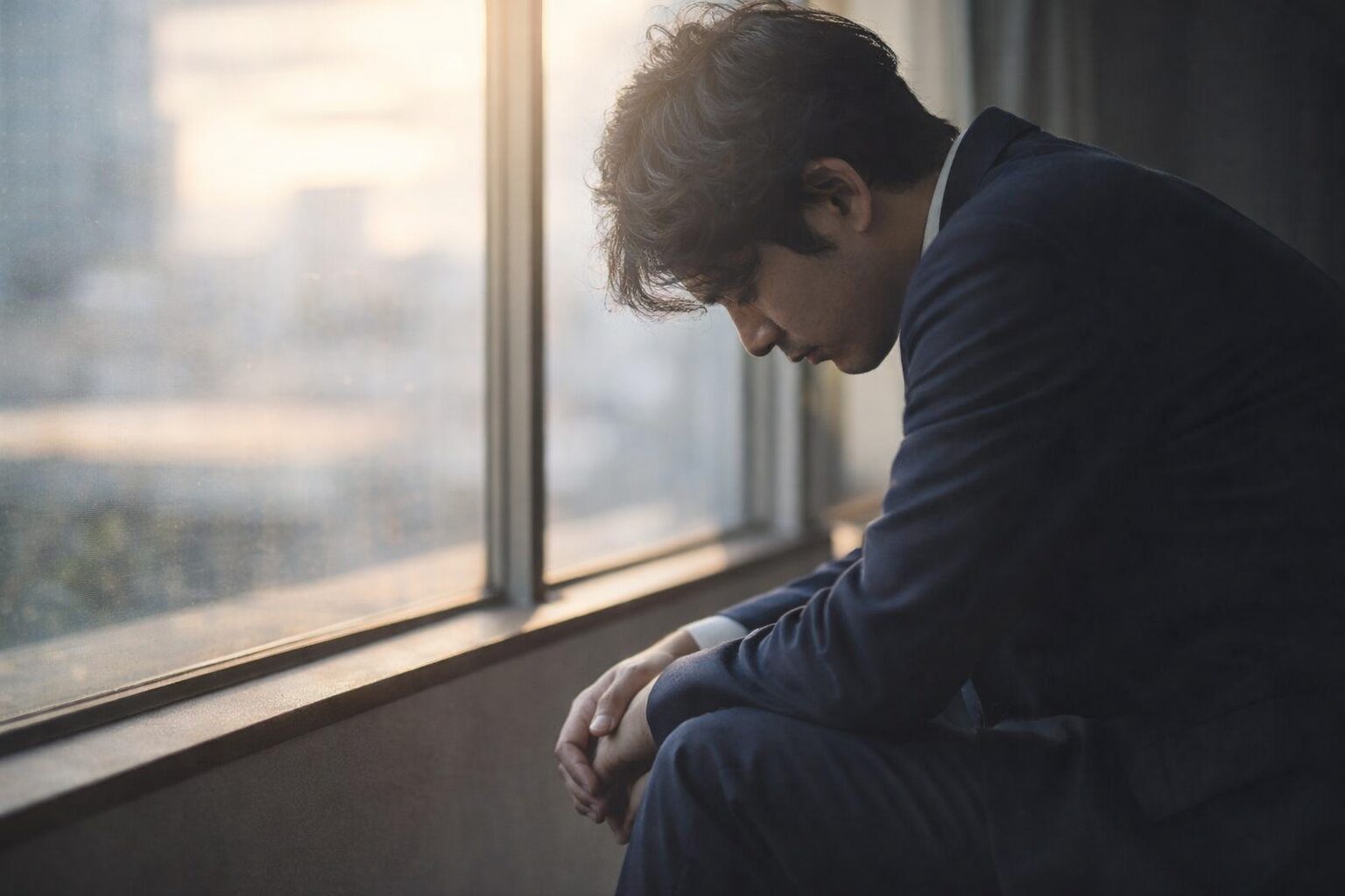 窓際でうつむきながら悩む男性の様子（労災申請・メンタル不調のイメージ）