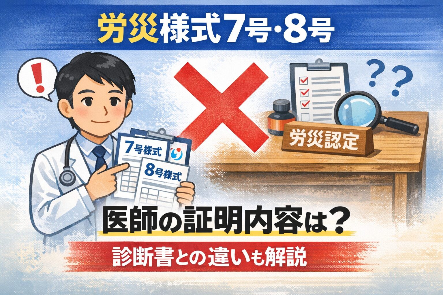 労災様式7号と8号における医師の証明内容と診断書との違いを解説するイメージ