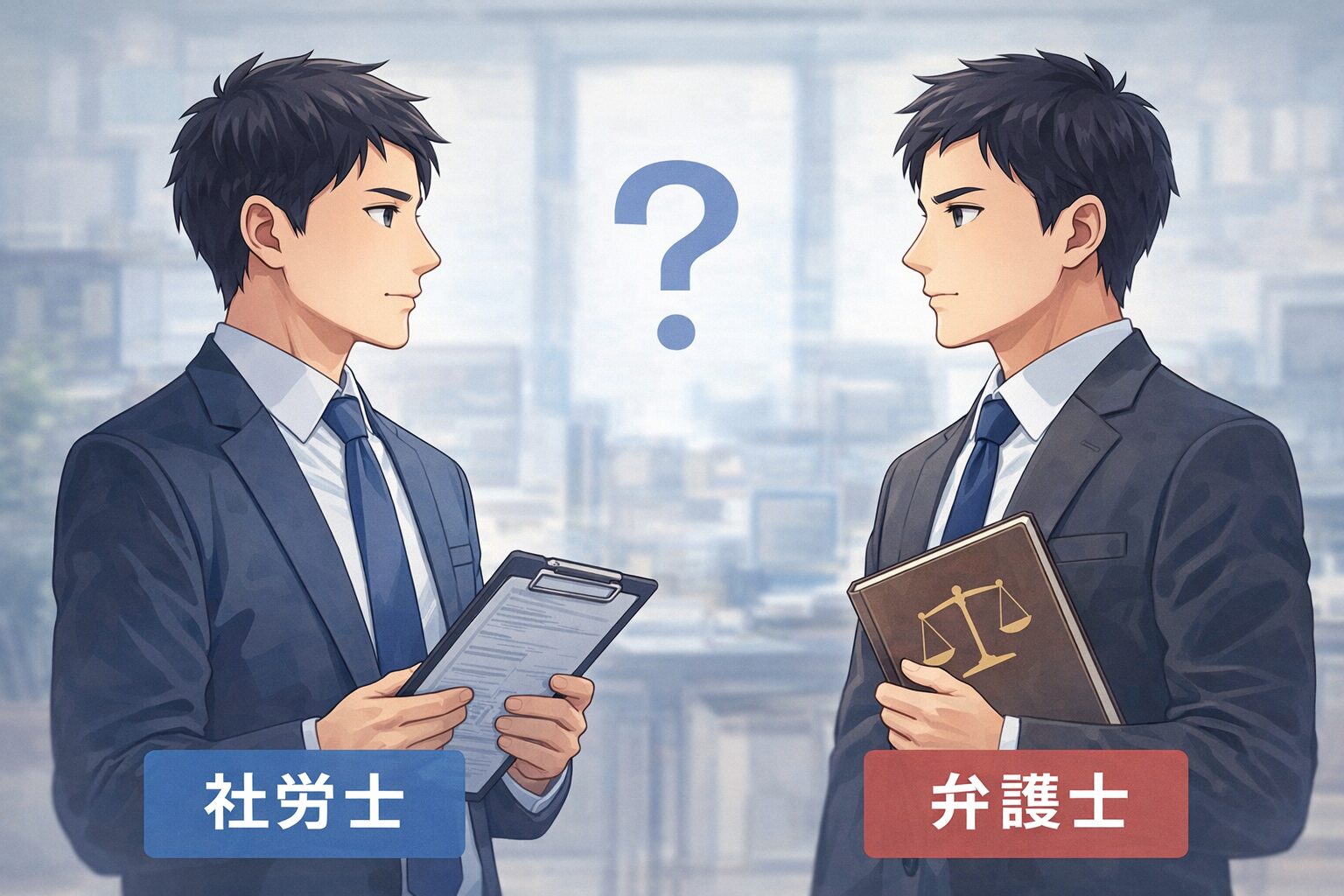 社労士と弁護士どちらに相談するべきかを比較しているイメージ（労災申請）