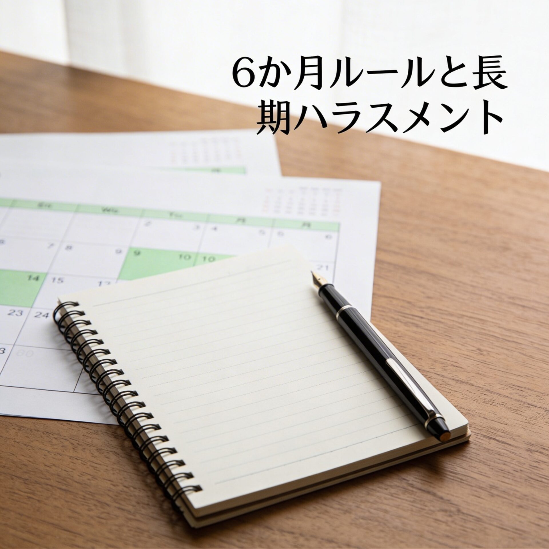 木目のデスク上にカレンダーとノート、万年筆が置かれ、数か月のうち6か月分が淡い色で強調された、精神障害の労災認定における6か月ルールと長期ハラスメントをイメージしたアイキャッチ画像