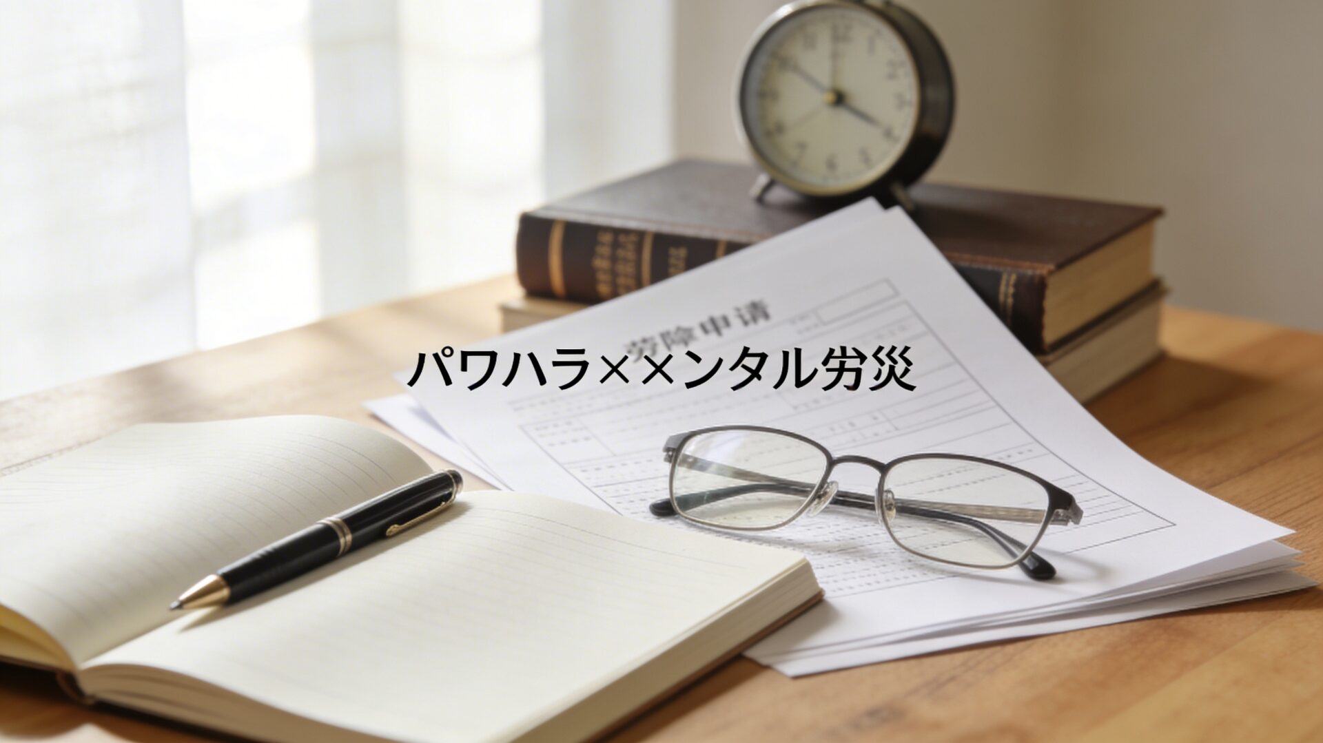 パワハラによるメンタル不調と労災申請をイメージした、木目のデスク上のノートと万年筆、労災申請書類の写真風アイキャッチ画像