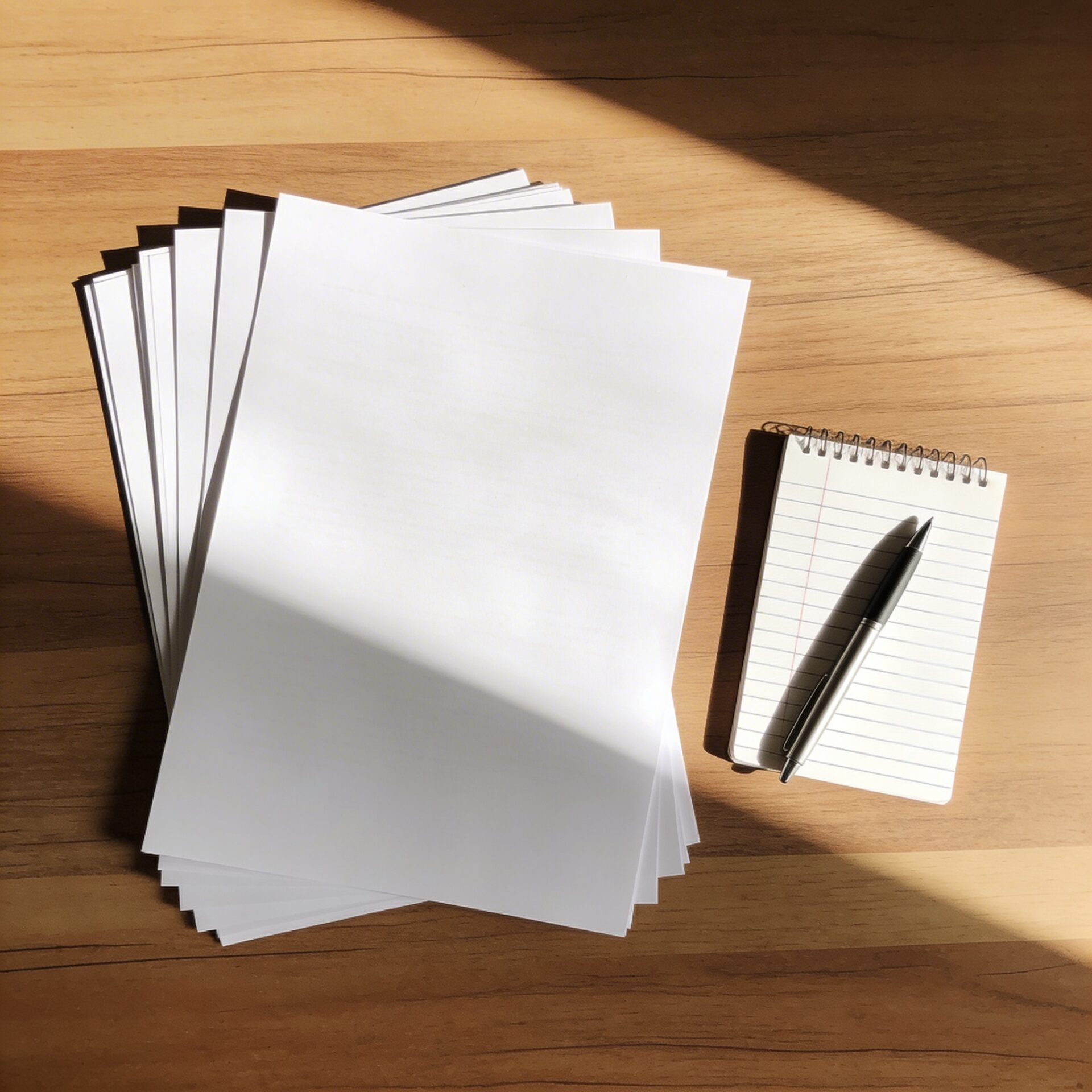 2023年の精神障害の労災認定基準の改正をイメージした、木目のデスク上に無地の書類とノート、ペンが置かれた落ち着いた写真風アイキャッチ画像