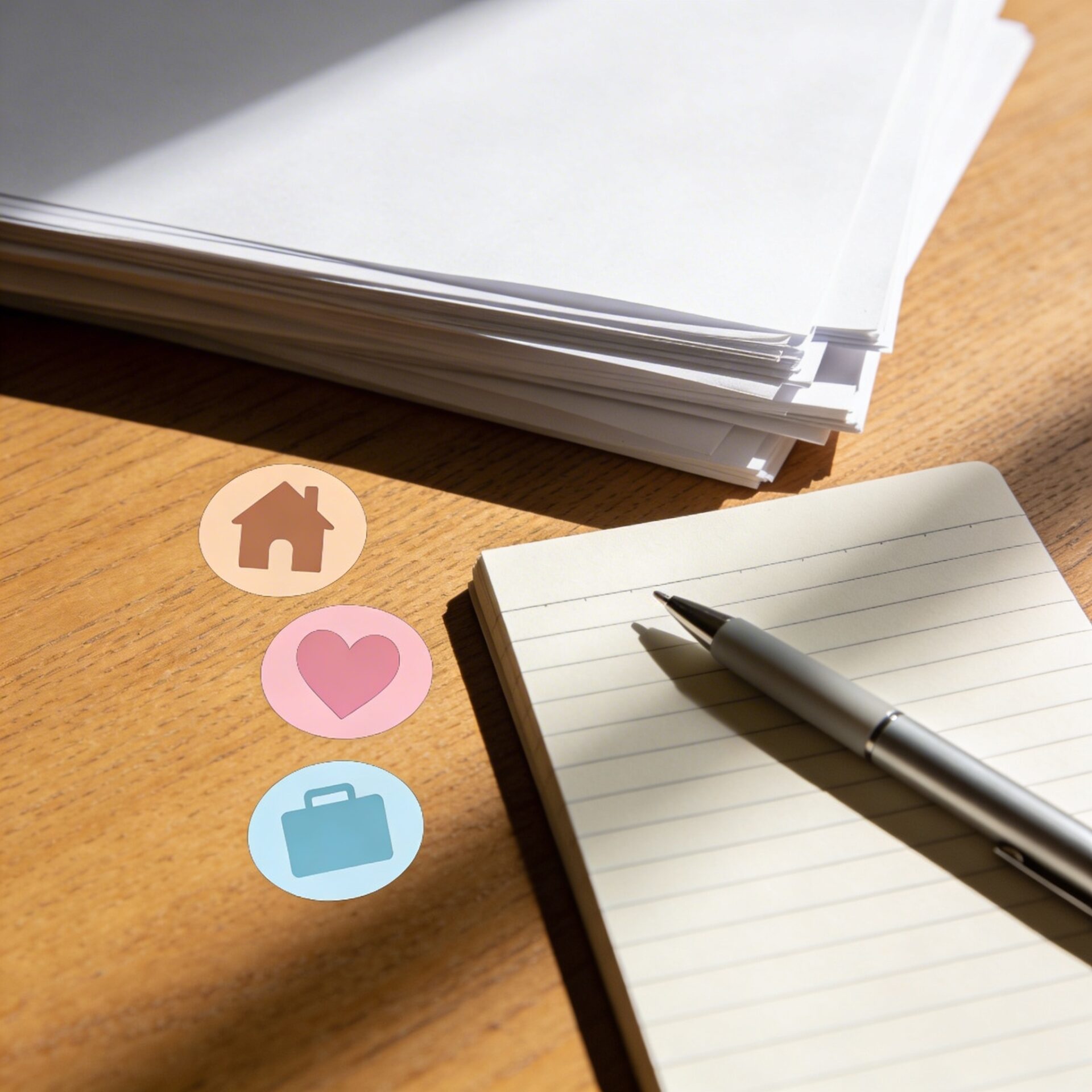 業務外要因と既往歴があってもメンタル労災を整理できることをイメージした、木目のデスク上に無地の書類とノート、ペンが置かれた落ち着いた写真風アイキャッチ画像