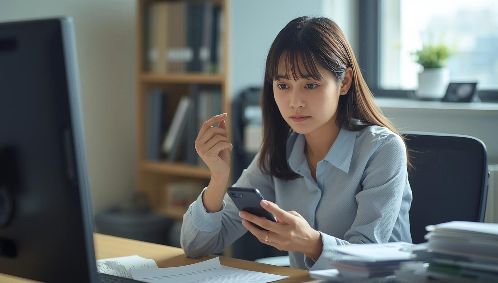 労災相談をLINEで送ろうか迷っている女性のイメージ